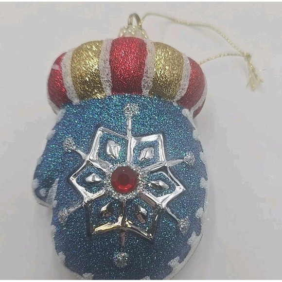 Glittering Mitten Christmas Ornament Snowflake Red Gold Crown Holiday Decor - Picture 2 of 8